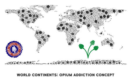 Opium addiction world continent map mosaic of poppy heads and syringes. Template for narcotic addiction campaign against heroin dependence.のイラスト素材