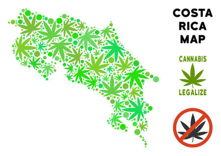 Royalty free cannabis Costa Rica map collage of weed leaves. Template for narcotic addiction campaign against drugs dependence or cannabis legalize.のイラスト素材