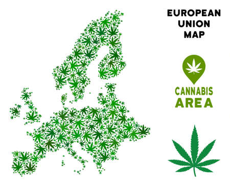 Ganja European Union map collage of marijuana leaves. Narcotic addiction template. Vector European Union map is done of green ganja leaves. Abstract territorial plan in green color shades.のイラスト素材