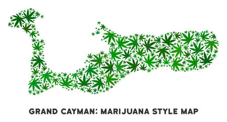 Weed Grand Cayman Island map collage of marijuana leaves. Narcotic dependence template. Vector Grand Cayman Island map is shaped of green weed leaves. Abstract area scheme in green color hues.のイラスト素材