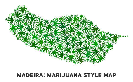 Weed Portugal Madeira Island map composition of marijuana leaves. Narcotic distribution template. Vector Portugal Madeira Island map is organized of green ganja leaves.のイラスト素材