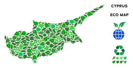 Ecology Cyprus Island map collage of herbal leaves in green color tinges. Ecological environment vector template. Cyprus Island map is organized from green herbal icons. Abstract territorial scheme.のイラスト素材