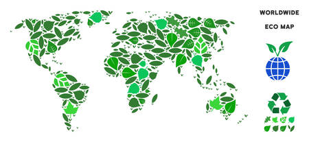 Eco world map composition of herbal leaves in green color shades. Ecological environment vector template. World map is created from green herbal items. Abstract geographic scheme.のイラスト素材