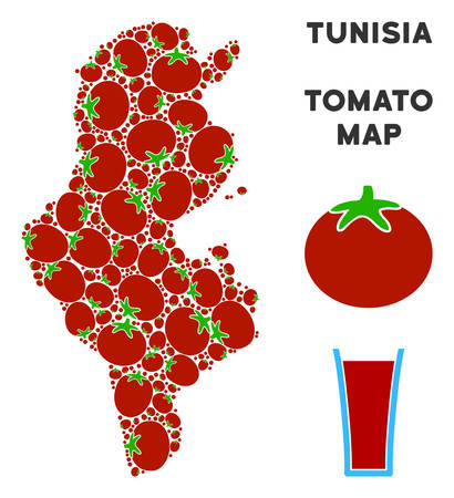 Tunisia map collage of tomatoes in various sizes. Vector tomatoes elements are organized into Tunisia map illustration. Diet vector illustration with juice glass.のイラスト素材