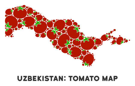 Uzbekistan map collage of tomatoes in variable sizes. Vector tomatoes items are united into Uzbekistan map collage. Healthy vector design concept with juice glass.のイラスト素材
