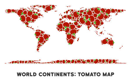 World continent map collage of tomato vegetables in different sizes. Vector tomato elements are united into world continent map illustration. Healthy vector illustration with juice glass.のイラスト素材