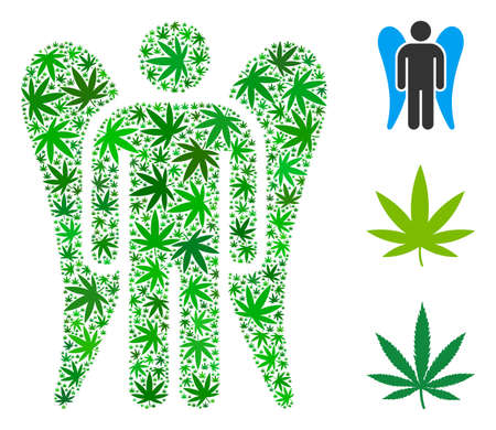 Angel mosaic of cannabis leaves in different sizes and green tones. Vector flat hemp items are grouped into angel mosaic. Addiction vector design concept.のイラスト素材