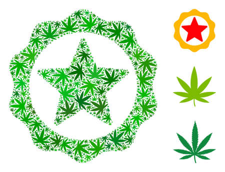 Award star seal composition of hemp leaves in variable sizes and green shades. Vector flat hemp symbols are composed into award star seal composition. Herbal vector illustration.のイラスト素材