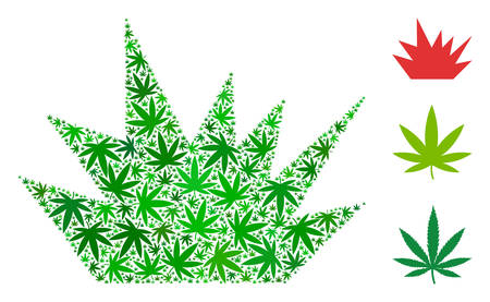 Boom explosion mosaic of hemp leaves in various sizes and green tones. Vector flat grass leaves are organized into boom explosion illustration. Narcotic vector illustration.のイラスト素材