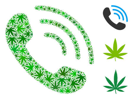 Call ring composition of cannabis leaves in different sizes and green tints. Vector flat ganja leaves are united into call ring collage. Herbal vector design concept.のイラスト素材