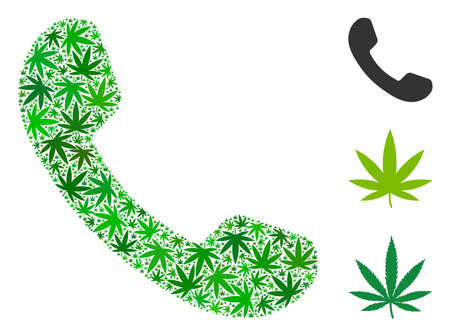Call collage of cannabis leaves in different sizes and green tones. Vector flat cannabis elements are grouped into call collage. Drugs vector illustration.のイラスト素材