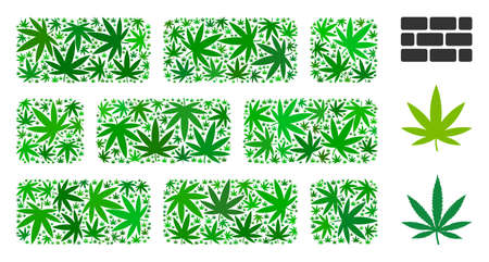 Brick wall collage of marijuana leaves in variable sizes and green shades. Vector flat marijuana leaves are organized into brick wall figure. Herbal vector design concept.のイラスト素材