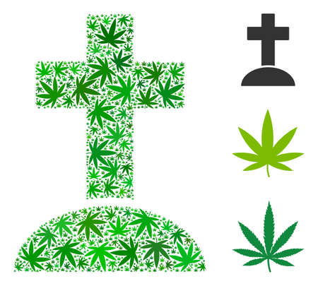 Cemetery collage of marijuana leaves in different sizes and green shades. Vector flat marijuana objects are organized into cemetery illustration. Herbal vector illustration.のイラスト素材