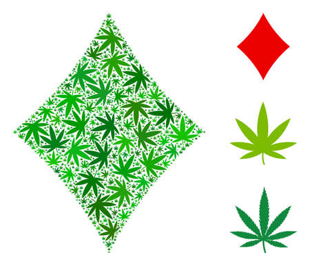Diamonds suit collage of marijuana leaves in various sizes and green hues. Vector flat hemp leaves are composed into diamonds suit collage. Herbal vector design concept.のイラスト素材