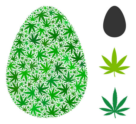 Egg composition of marijuana leaves in different sizes and green tinges. Vector flat hemp leaves are united into egg illustration. Narcotic vector design concept.のイラスト素材
