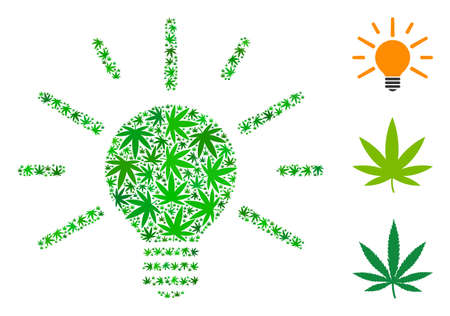 Light bulb composition of hemp leaves in variable sizes and green tinges. Vector flat hemp icons are organized into light bulb composition. Herbal vector illustration.のイラスト素材