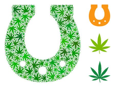 Lucky horseshoe mosaic of cannabis leaves in different sizes and green tones. Vector flat grass leaves are combined into lucky horseshoe mosaic. Narcotic vector design concept.のイラスト素材