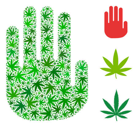 Stop hand composition of marijuana leaves in variable sizes and green tinges. Vector flat marijuana leaves are united into stop hand mosaic. Herbal vector design concept.のイラスト素材