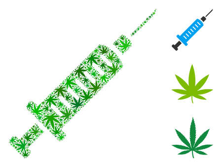 Syringe composition of weed leaves in various sizes and green hues. Vector flat marijuana leaves are combined into syringe figure. Drugs vector illustration.のイラスト素材