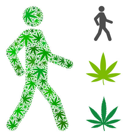Walking man collage of weed leaves in variable sizes and green tones. Vector flat weed items are combined into walking man collage. Addiction vector design concept.のイラスト素材