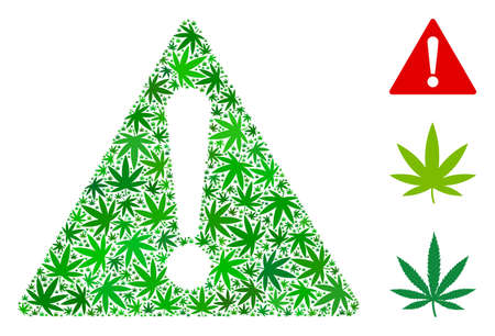 Warning mosaic of hemp leaves in different sizes and green tones. Vector flat hemp icons are composed into warning mosaic. Herbal vector design concept.のイラスト素材