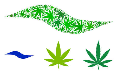 Wave shape composition of weed leaves in different sizes and green variations. Vector flat weed leaves are grouped into wave shape illustration. Narcotic vector illustration.のイラスト素材