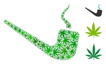 Smoking pipe mosaic of weed leaves in variable sizes and green tinges. Vector flat weed icons are composed into smoking pipe collage. Addiction vector illustration.のイラスト素材