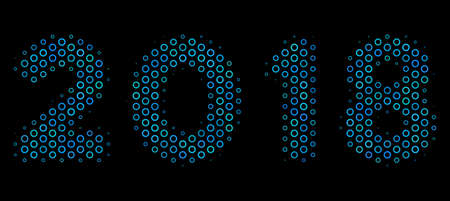 Halftone 2018 year text mosaic icon of spheres in blue color tinges on a black background. Vector...