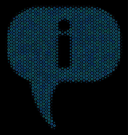 Halftone About collage icon of circle bubbles in blue color hues on a black background. Vector circle items are united into about composition.のイラスト素材