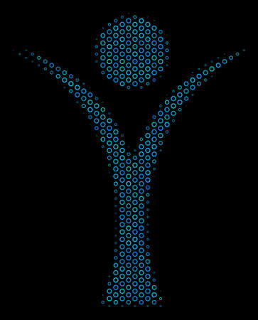 Halftone Abstract man mosaic icon of spheric bubbles in blue shades on a black background. Vector spheric points are organized into abstract man mosaic.のイラスト素材