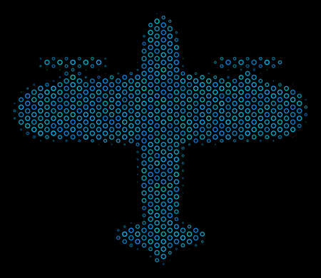 Halftone Aircraft mosaic icon of empty circles in blue color hues on a black background. Vector empty circles are grouped into aircraft mosaic.のイラスト素材