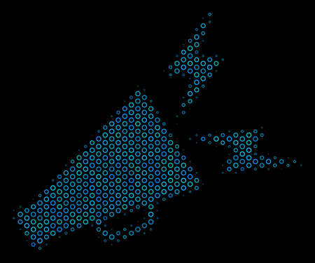 Halftone Alert megaphone collage icon of spheres in blue color tinges on a black background. Vector bubble spheres are arranged into alert megaphone composition.のイラスト素材