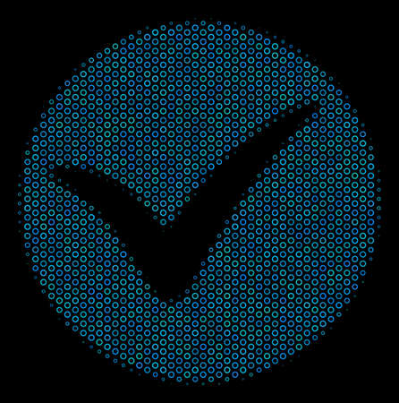 Halftone Apply composition icon of circle bubbles in blue color tones on a black background. Vector circle items are grouped into apply mosaic.のイラスト素材