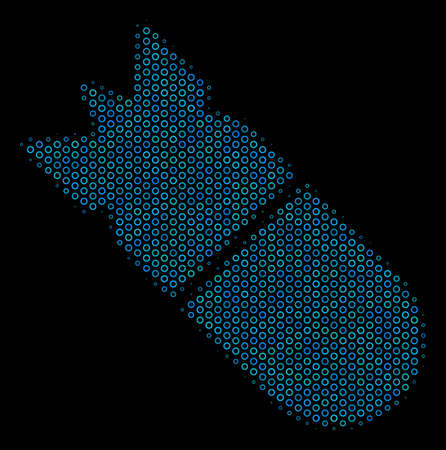 Halftone Aviation bomb composition icon of spheric bubbles in blue shades on a black background. Vector spheric dots are grouped into aviation bomb illustration.のイラスト素材