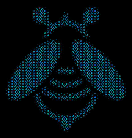 Halftone Bee mosaic icon of empty circles in blue color hues on a black background. Vector empty circles are composed into bee collage.のイラスト素材