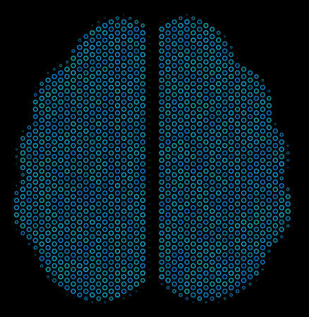 Halftone Brain composition icon of empty circles in blue color tones on a black background. Vector empty circles are combined into brain mosaic.のイラスト素材