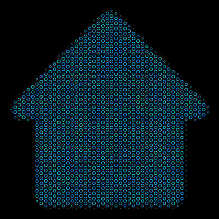 Halftone Cabin collage icon of circle elements in blue color tints on a black background. Vector circle items are grouped into cabin collage.のイラスト素材