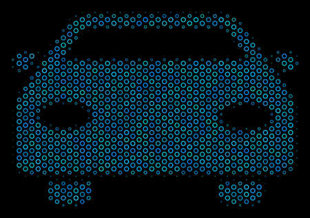 Halftone Car collage icon of spheric bubbles in blue color tones on a black background. Vector spheric parts are united into car illustration.のイラスト素材