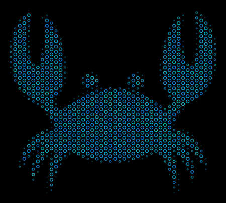 Halftone Crab collage icon of spheric bubbles in blue shades on a black background. Vector spheric dots are combined into crab collage.のイラスト素材