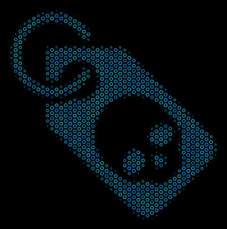 Halftone Death skull tag mosaic icon of circle bubbles in blue color tinges on a black background. Vector circle bubbles are composed into death skull tag illustration.のイラスト素材