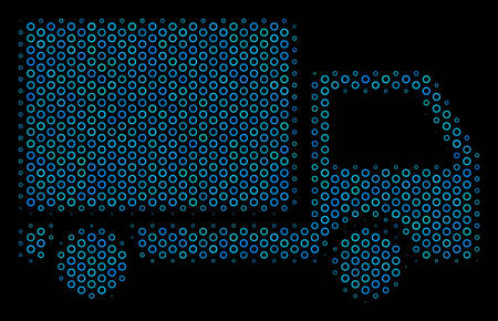 Halftone Delivery lorry collage icon of empty circles in blue color tinges on a black background. Vector round spheres are combined into delivery lorry collage.のイラスト素材
