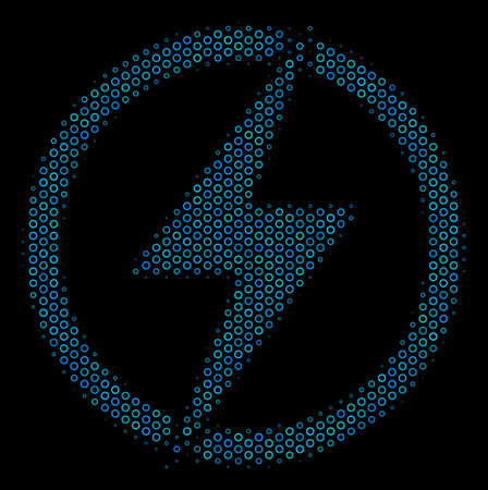 Halftone Electric power collage icon of spheres in blue color tones on a black background. Vector round spheres are united into electric power collage.のイラスト素材