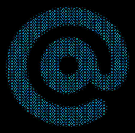 Halftone Email symbol composition icon of spheric bubbles in blue color tinges on a black background. Vector empty circles are combined into email symbol composition.のイラスト素材