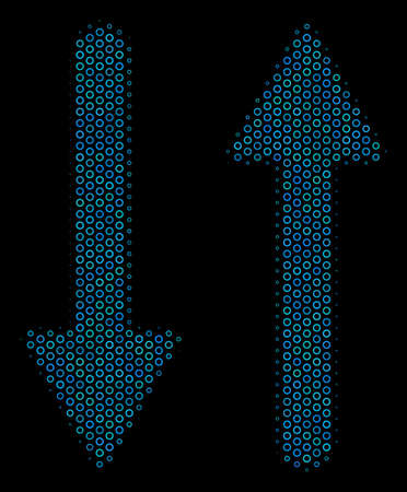 Halftone Exchange arrows mosaic icon of spheres in blue color tinges on a black background. Vector round spheres are grouped into exchange arrows mosaic.のイラスト素材