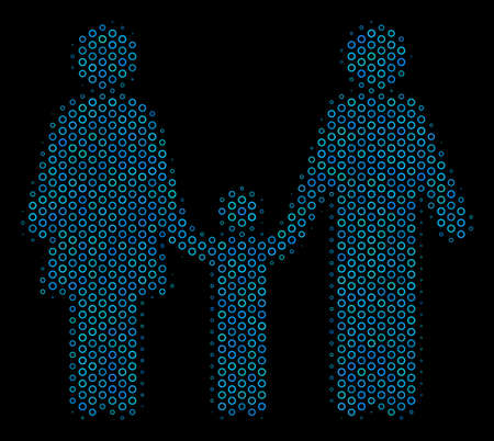 Halftone Family child composition icon of circle bubbles in blue color hues on a black background. Vector circle items are combined into family child composition.のイラスト素材