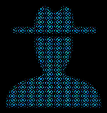 Halftone Farmer collage icon of spheric bubbles in blue color tinges on a black background. Vector circle bubbles are composed into farmer collage.のイラスト素材