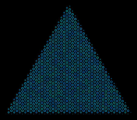 Halftone Filled triangle composition icon of circle bubbles in blue color tints on a black background. Vector circle bubbles are organized into filled triangle mosaic.のイラスト素材