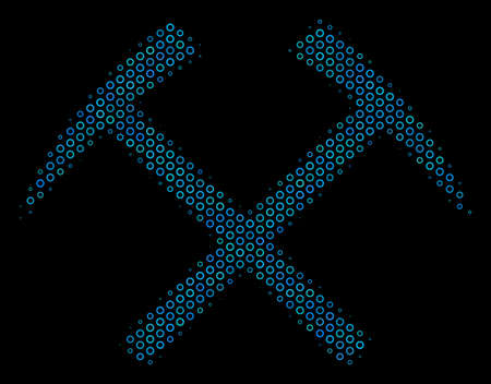 Halftone Mining hammers composition icon of spheres in blue color hues on a black background. Vector bubble spheres are grouped into mining hammers composition.のイラスト素材
