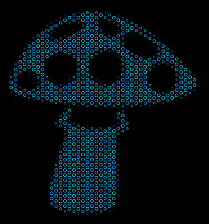 Halftone Mushroom composition icon of spheric bubbles in blue color tones on a black background. Vector spheric dots are united into mushroom composition.のイラスト素材