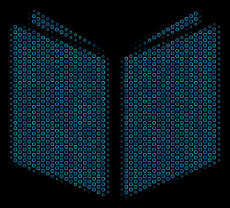 Halftone Open book collage icon of empty circles in blue shades on a black background. Vector empty circles are combined into open book composition.のイラスト素材